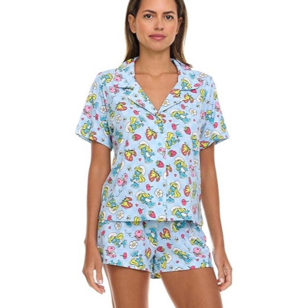 The Smurfs Pajama Set Sz M Soft Stretchy Shorts n Short Sleeve Button‎ Down Top